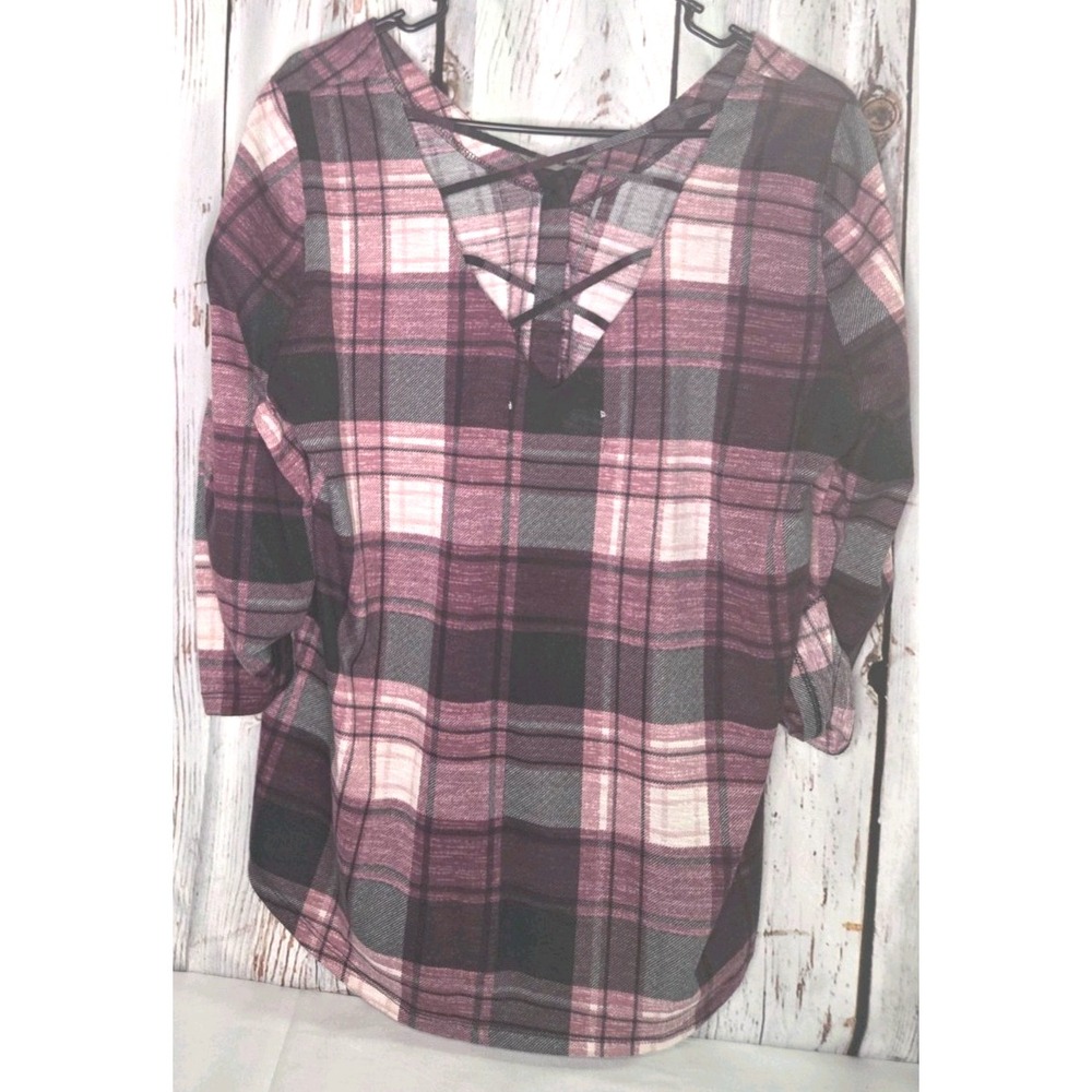 French Laundry Women's XL Burgundy Plaid Roll Tab Sleeve V-Neck Criss-Cross Back